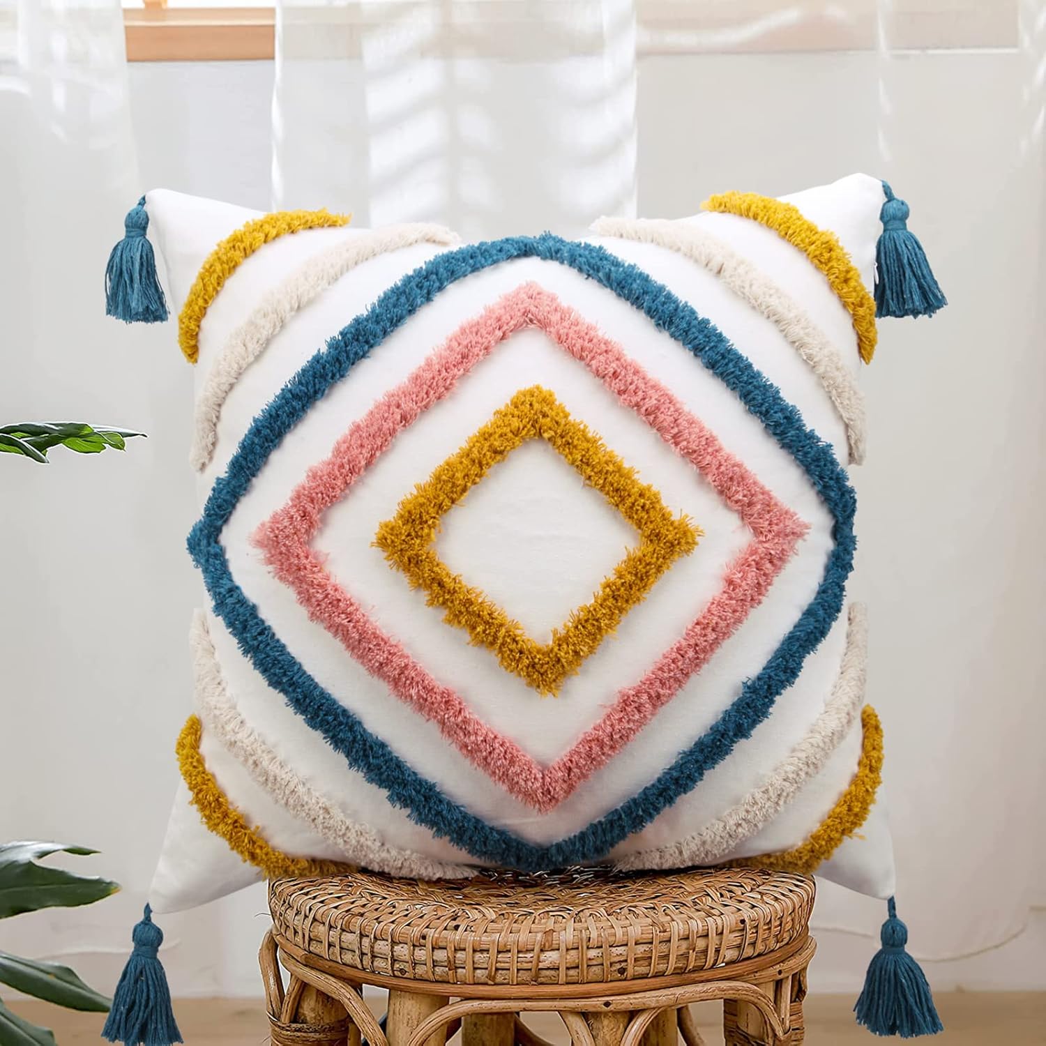 Tufted Boho Blue Throw Pillow Cover — 18" — Blue