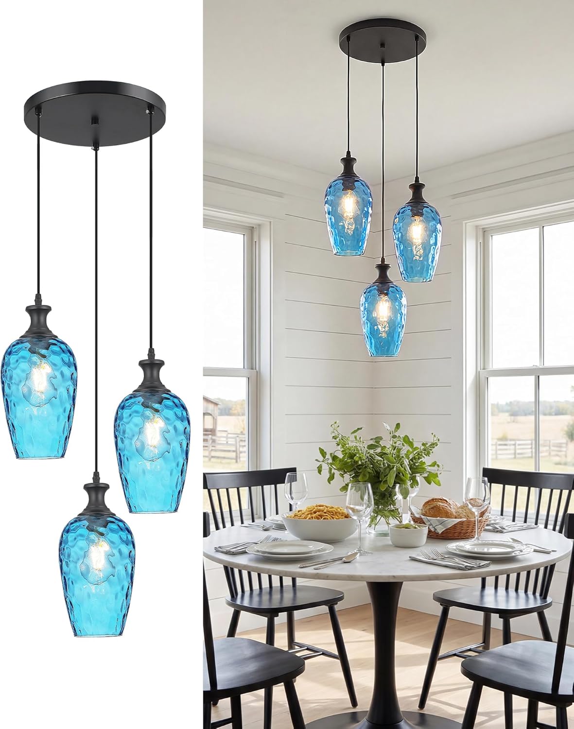 Farmhouse Black Pendant Light — 1-Light — Black + Blue Glass