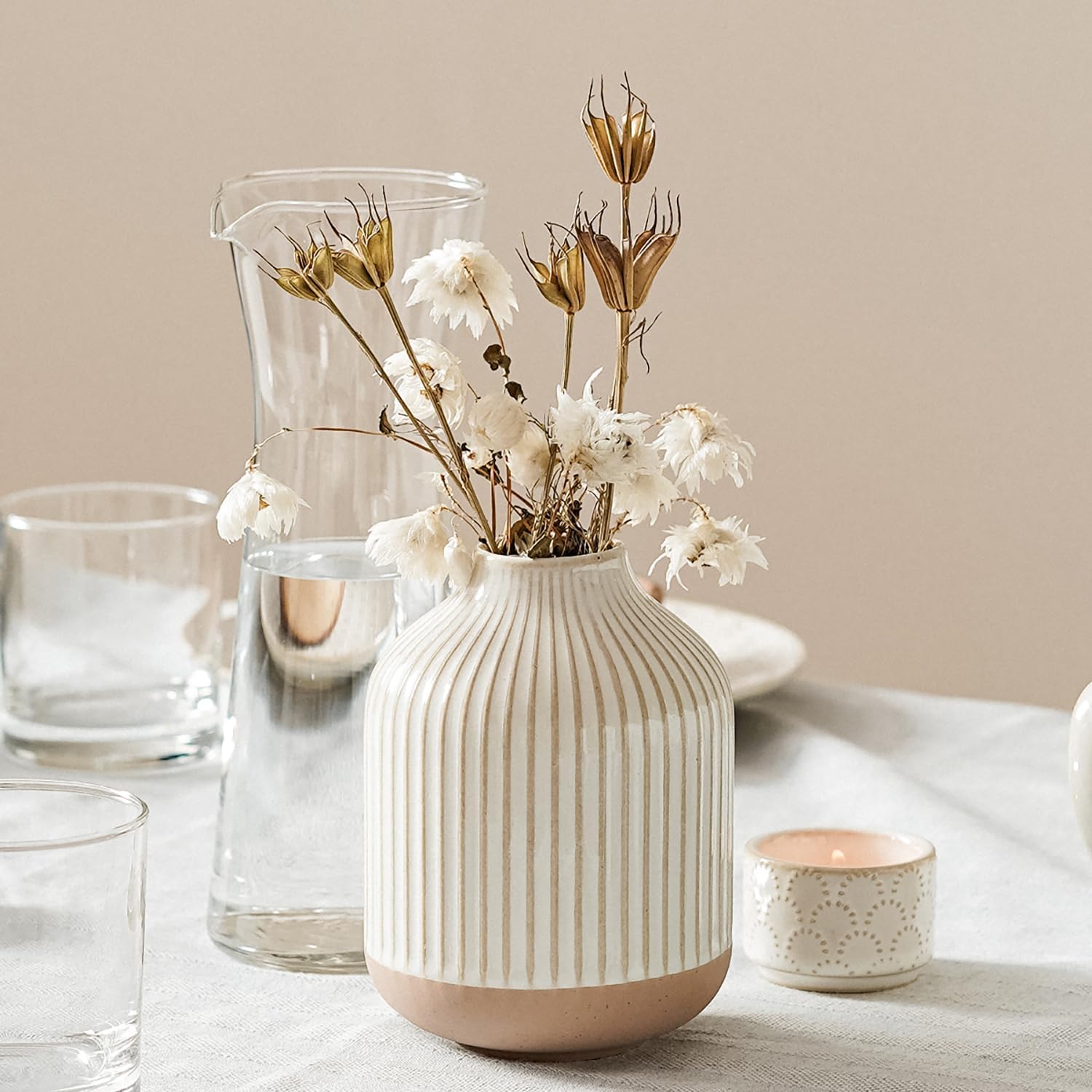Vintage Boho Ceramic Artificial Plant — 3" — Lines