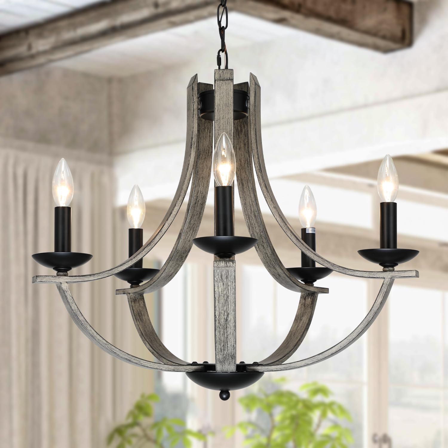 Vintage Farmhouse Black Chandelier — 4-Light — Black+Faux Wood-H5