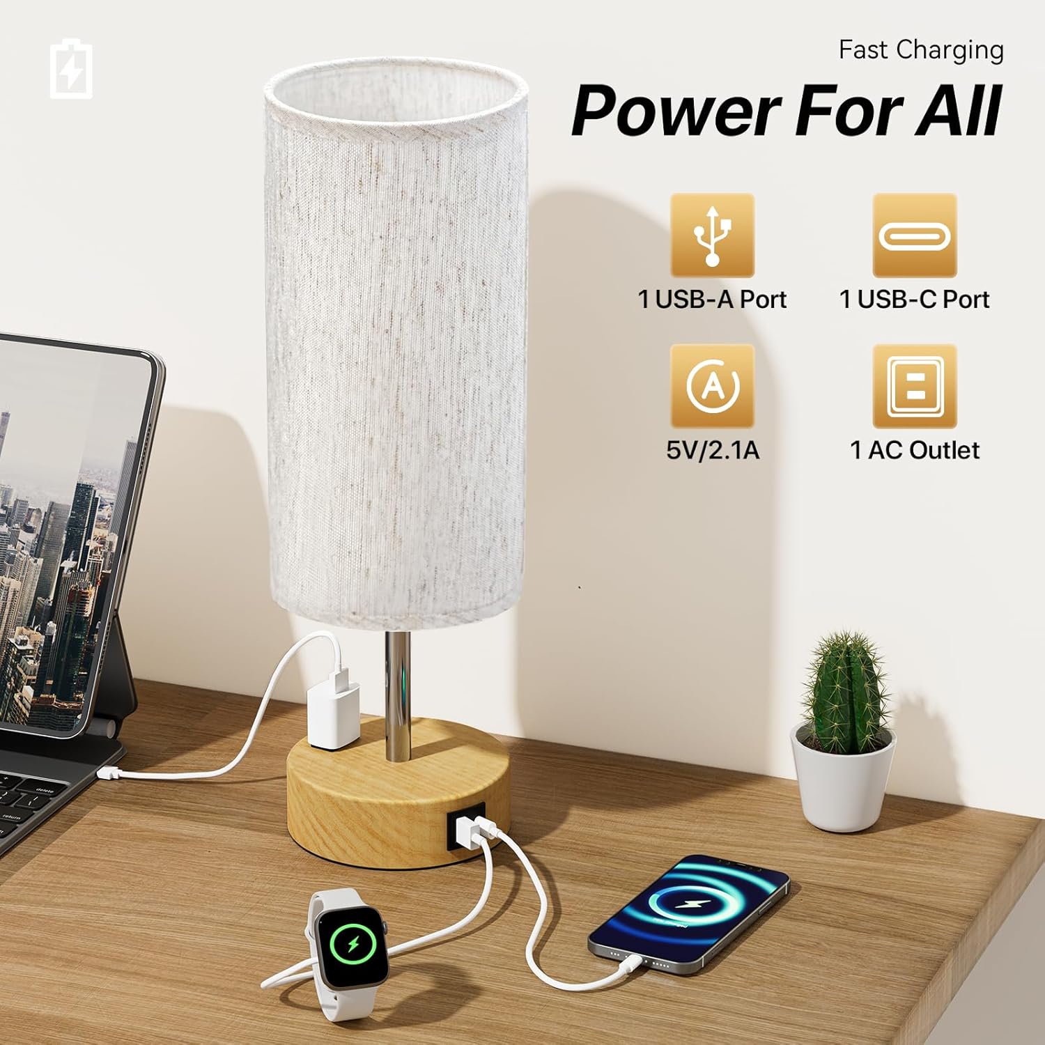 Dimmable Beige Bedside Lamp — 14" - View 3