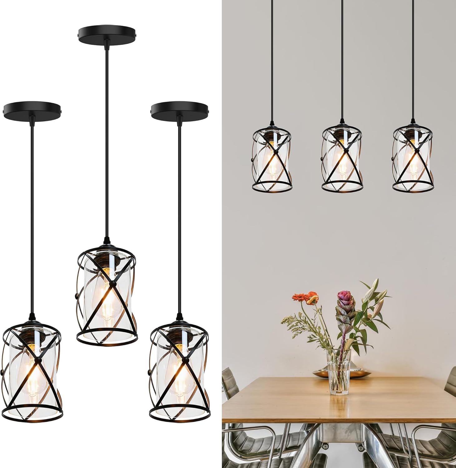 Adjustable Farmhouse Beige Pendant Light — 3-Light — X-Frame Glass Pendant - 1-Light (Black) - 3 Pack