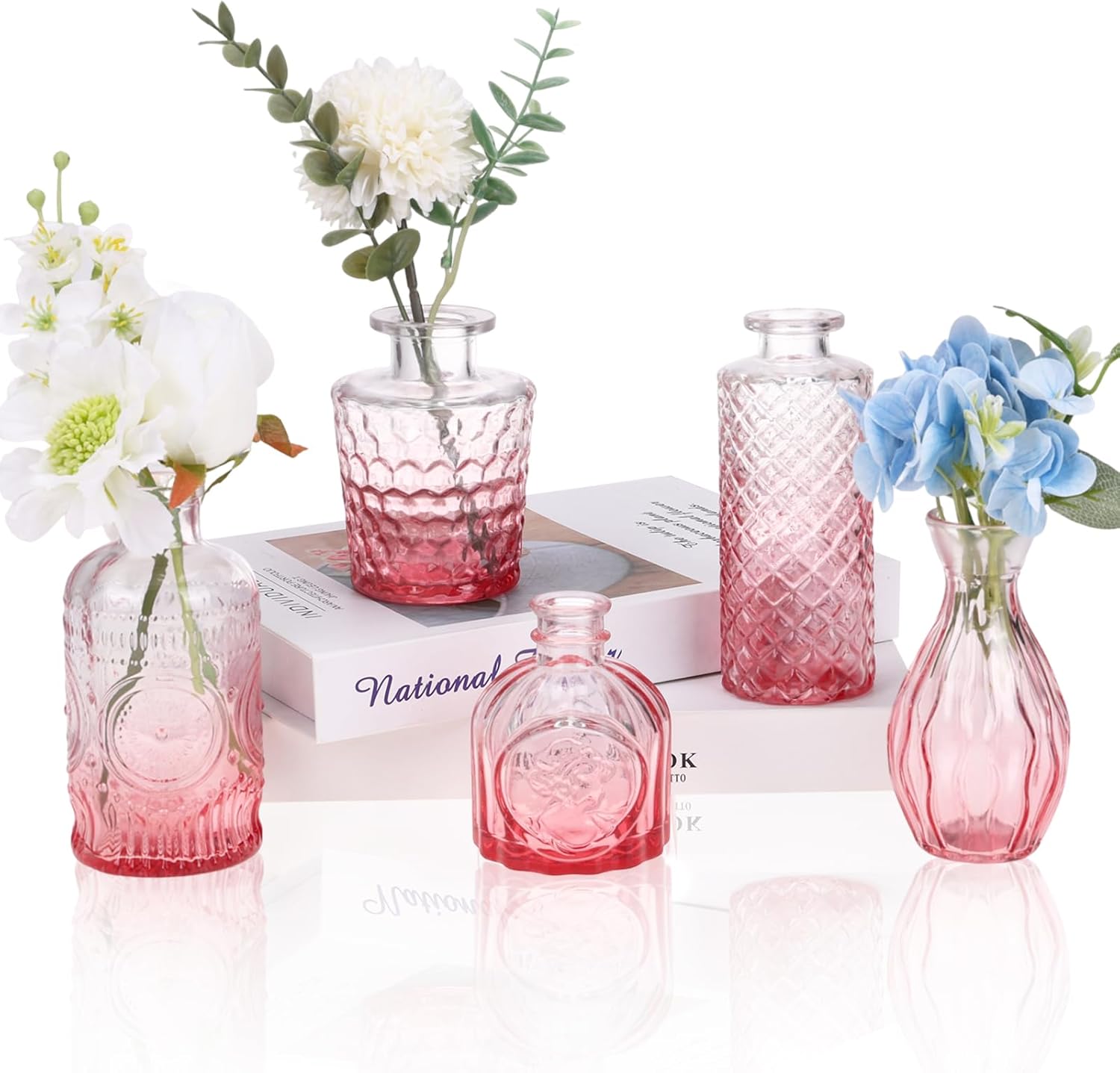 Vintage Blue Flower Vase — Set of 5 — Pink