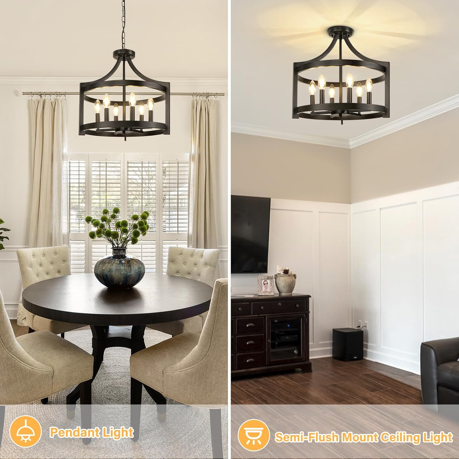 Convertible Farmhouse Black Chandelier — 6-Light - View 2