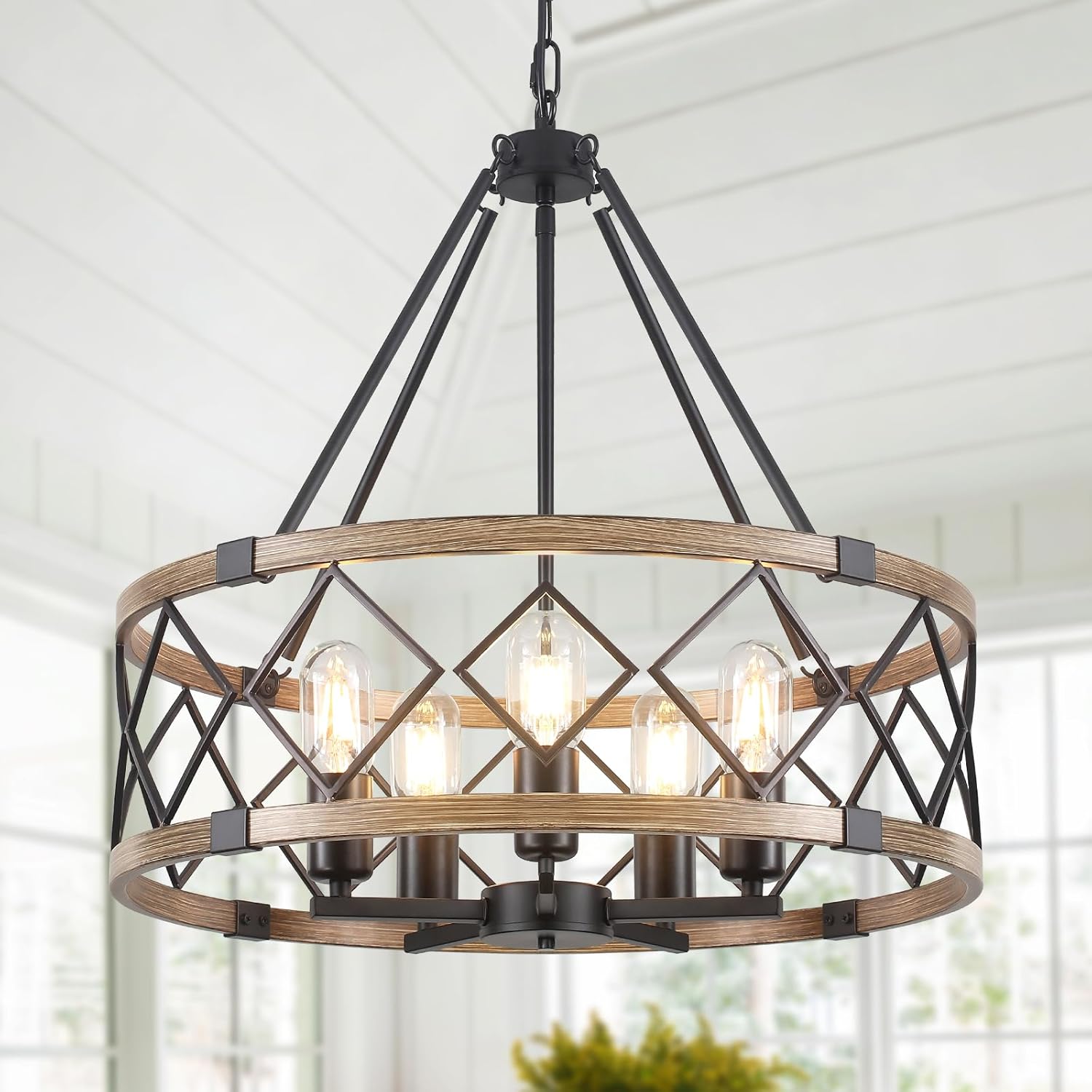 Farmhouse Black Chandelier — 4-Light — 5 Light - Brown Wood Grain