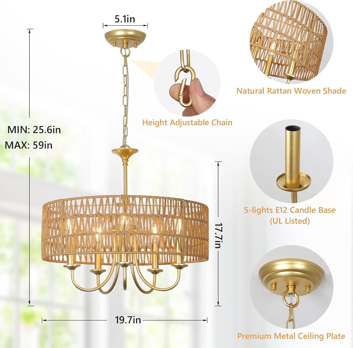 Boho Black Chandelier — 5-Light - View 4