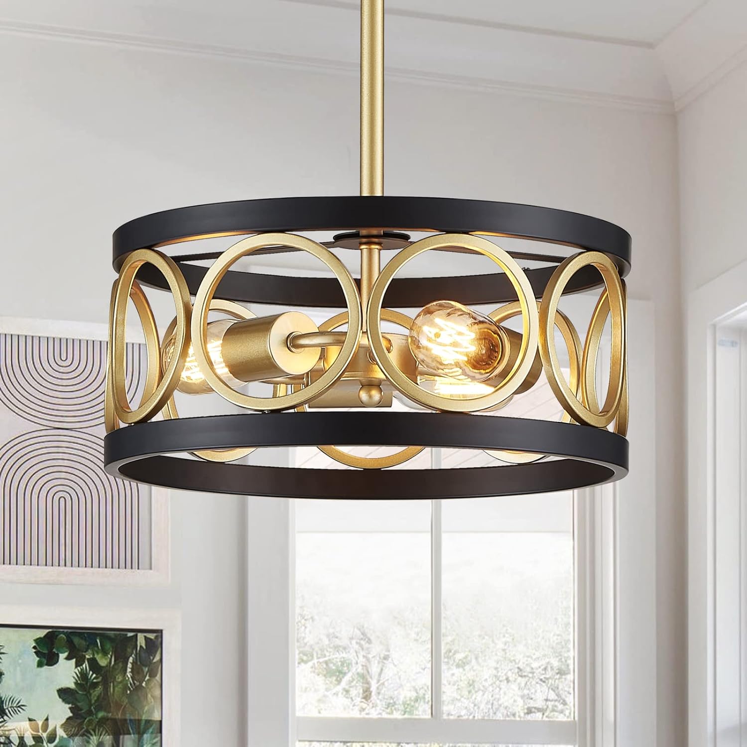 Adjustable Farmhouse Black Chandelier — 3-Light — Gold Drum Pendant-3 Light
