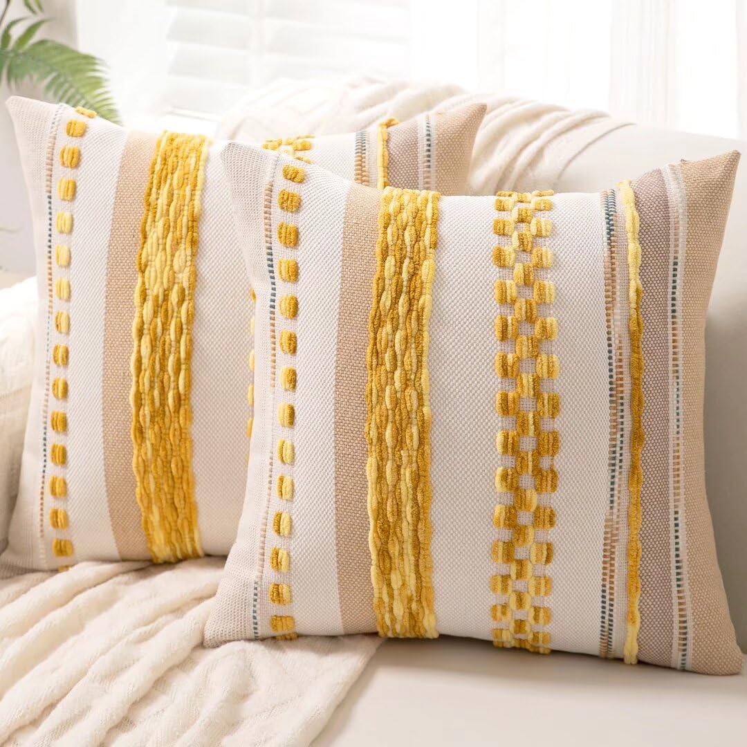 Chenille Boho Black Throw Pillow Cover — 18" — Yellow Stripe