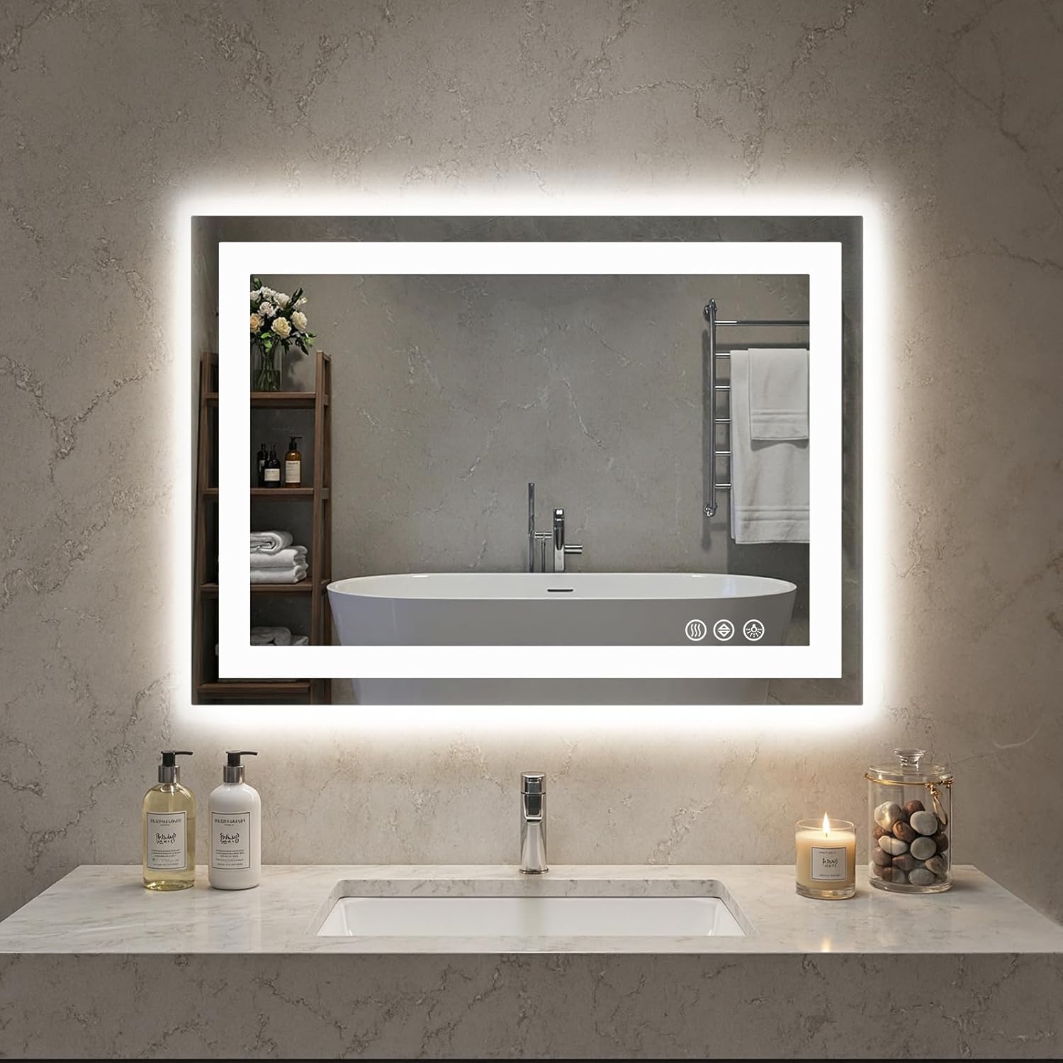 Round Luxe Black Wall Mirror — 20.2" — Led-white Rect