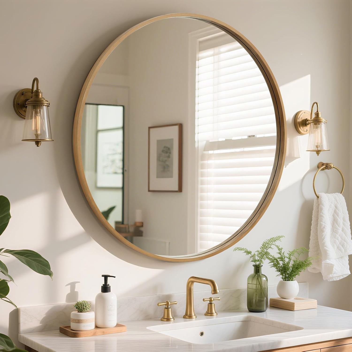 Round Beige Wall Mirror — 24" — Natural