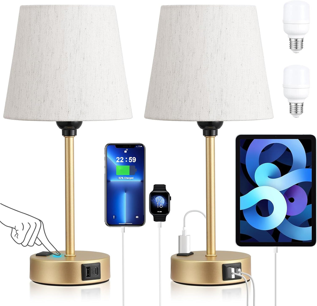 Dimmable Beige Bedside Lamp — Set of 2 — Gold