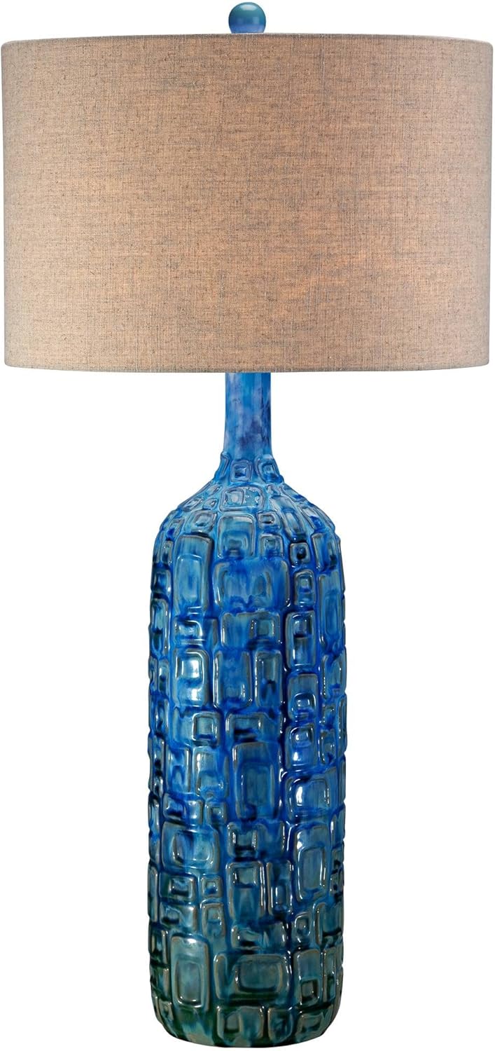 Linen Mid-Century Green Table Lamp — Teal Ceramic - Table Top Dimmer Included