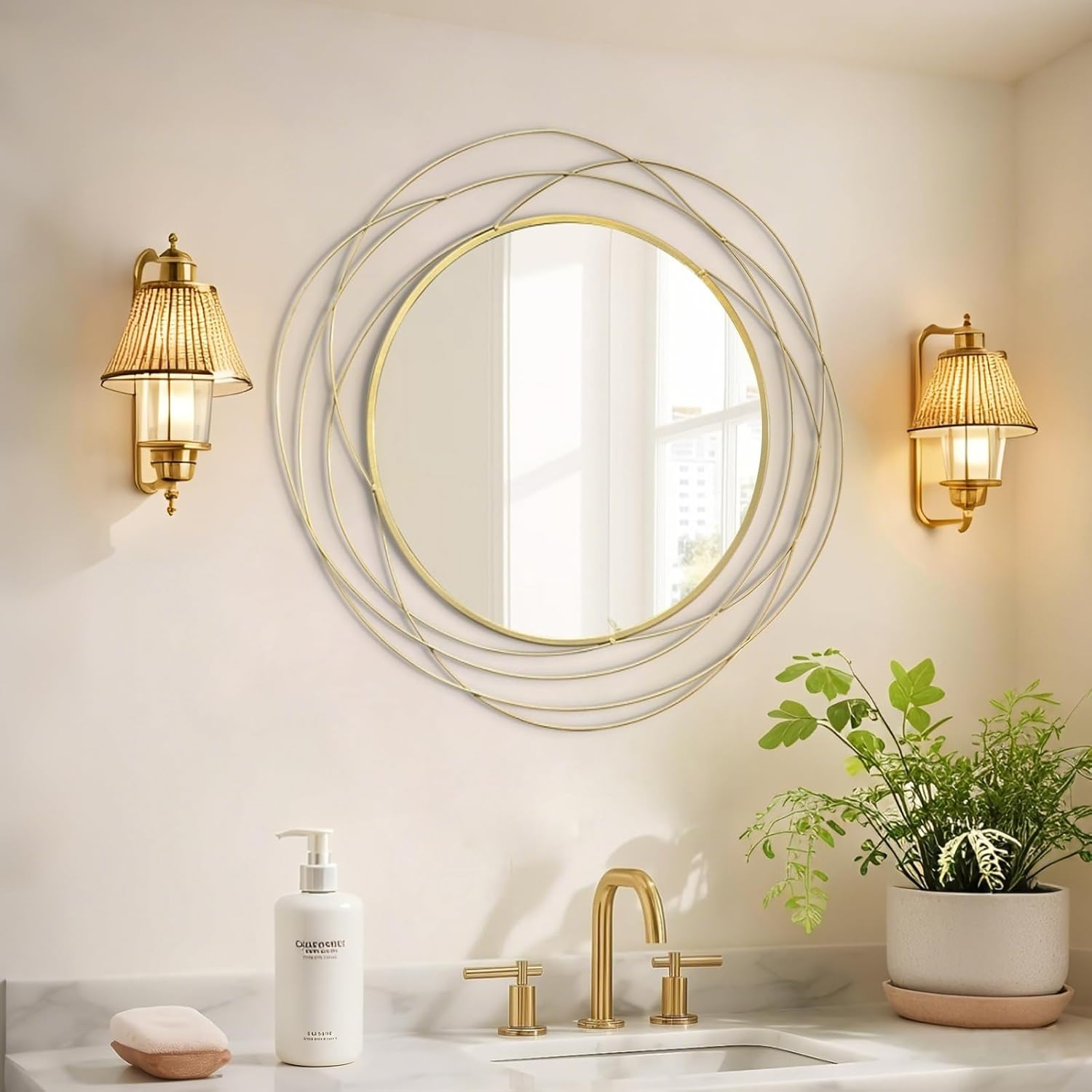 Round Modern Black Wall Mirror — 26.8" — Gold