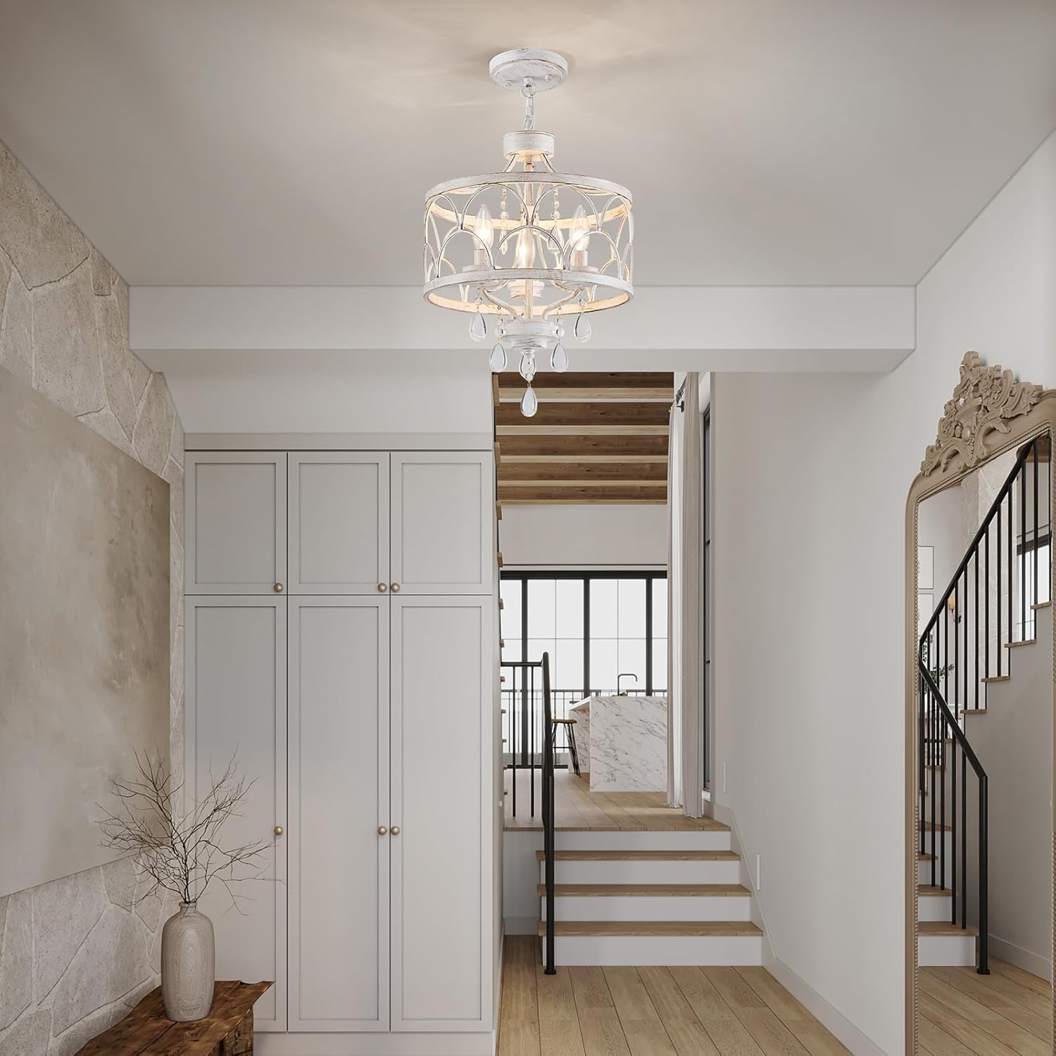 Round Farmhouse Gold Chandelier — 3-Light - View 8