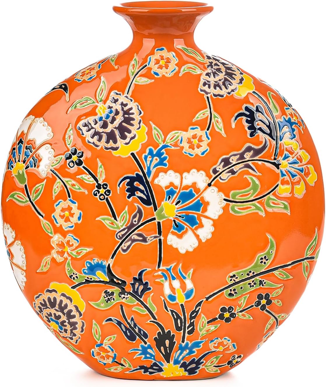 Hand-Carved Beige Decorative Vase — Orange & Flower