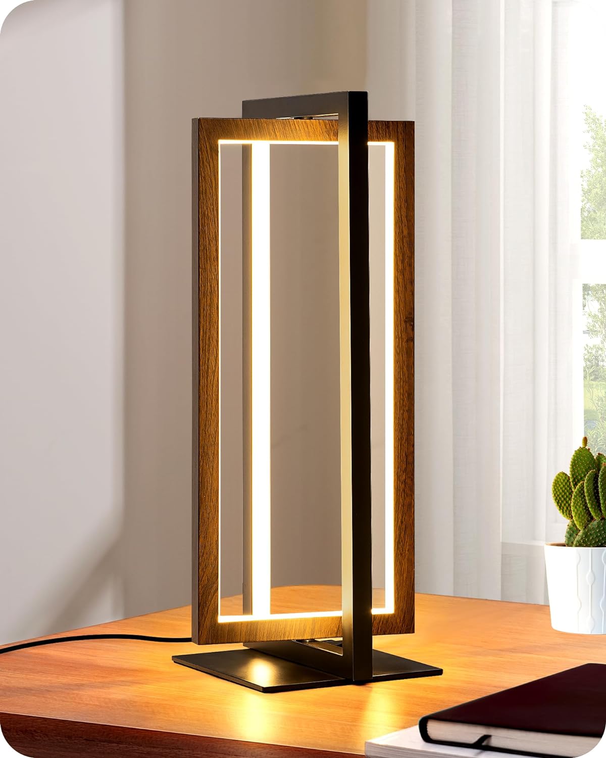 Dimmable Modern Brown Bedside Lamp — Wood Grain Walnut Color