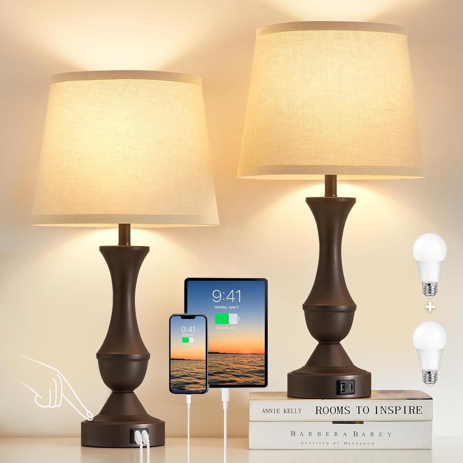 Dimmable Luxe Beige Bedside Lamp — 22" — Brown,Beige