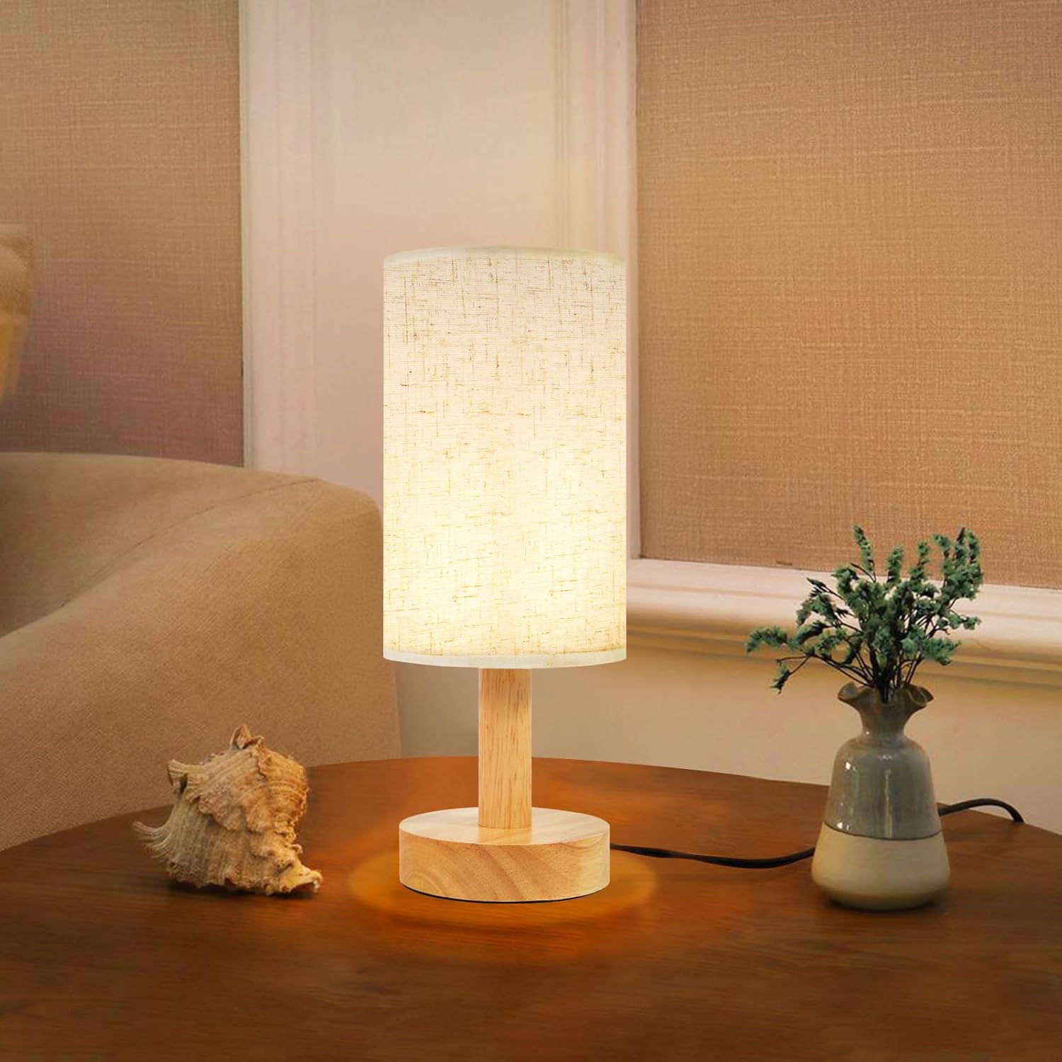 Linen Modern Fabric Desk Lamp — Set of 1 — Beige-Round-set of 1