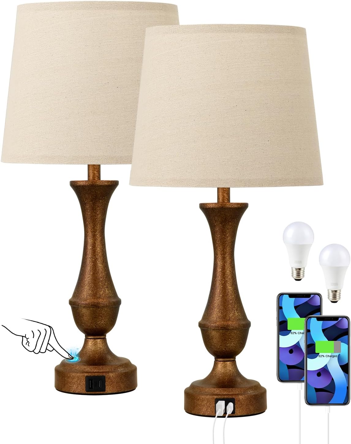 Dimmable Beige Bedside Lamp — Set of 2 — L. Oat Shade & Brown Base