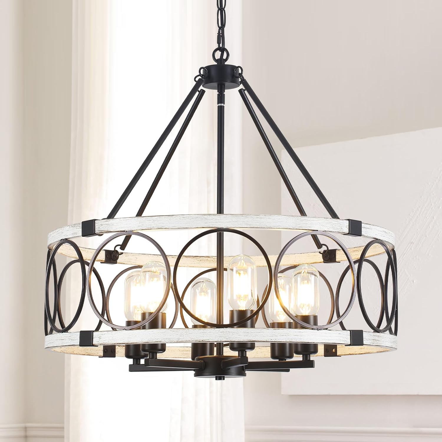 Round Farmhouse Black Chandelier — 5-Light — Black & White Oak-6 Lights-Farmhouse