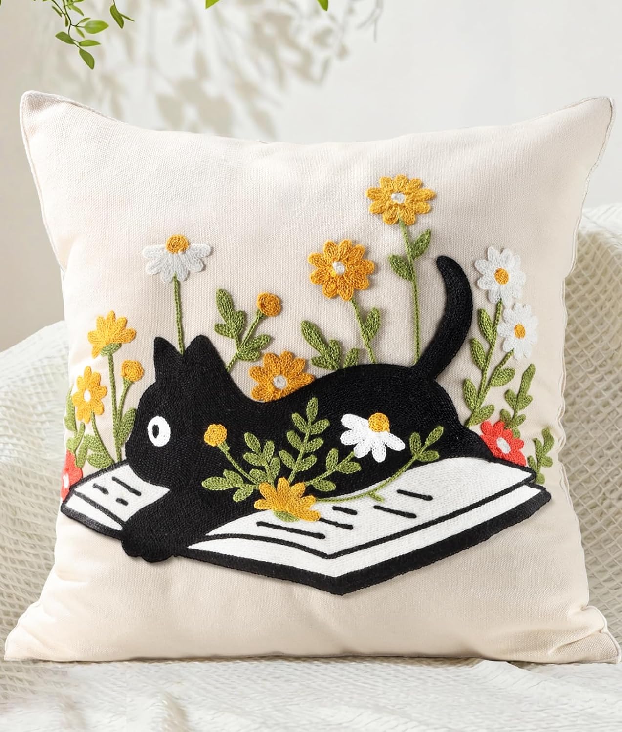Embroidered Boho Fabric Throw Pillow Cover — 18" — Cat Book