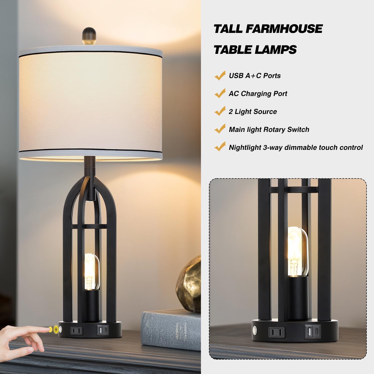 USB Farmhouse Black Bedside Lamp — 27" - View 2