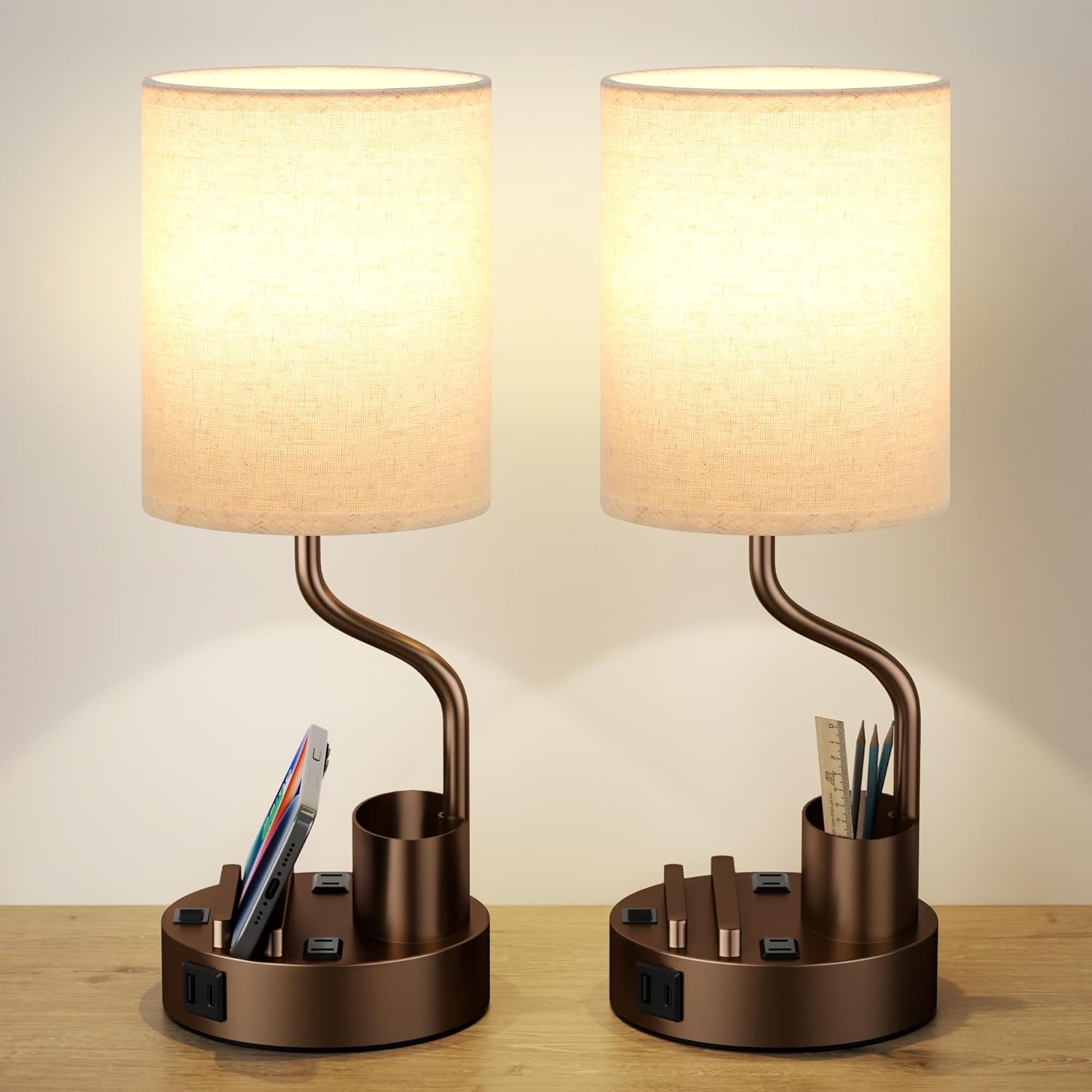 USB Beige Desk Lamp — Set of 2 — Beige & Coffee