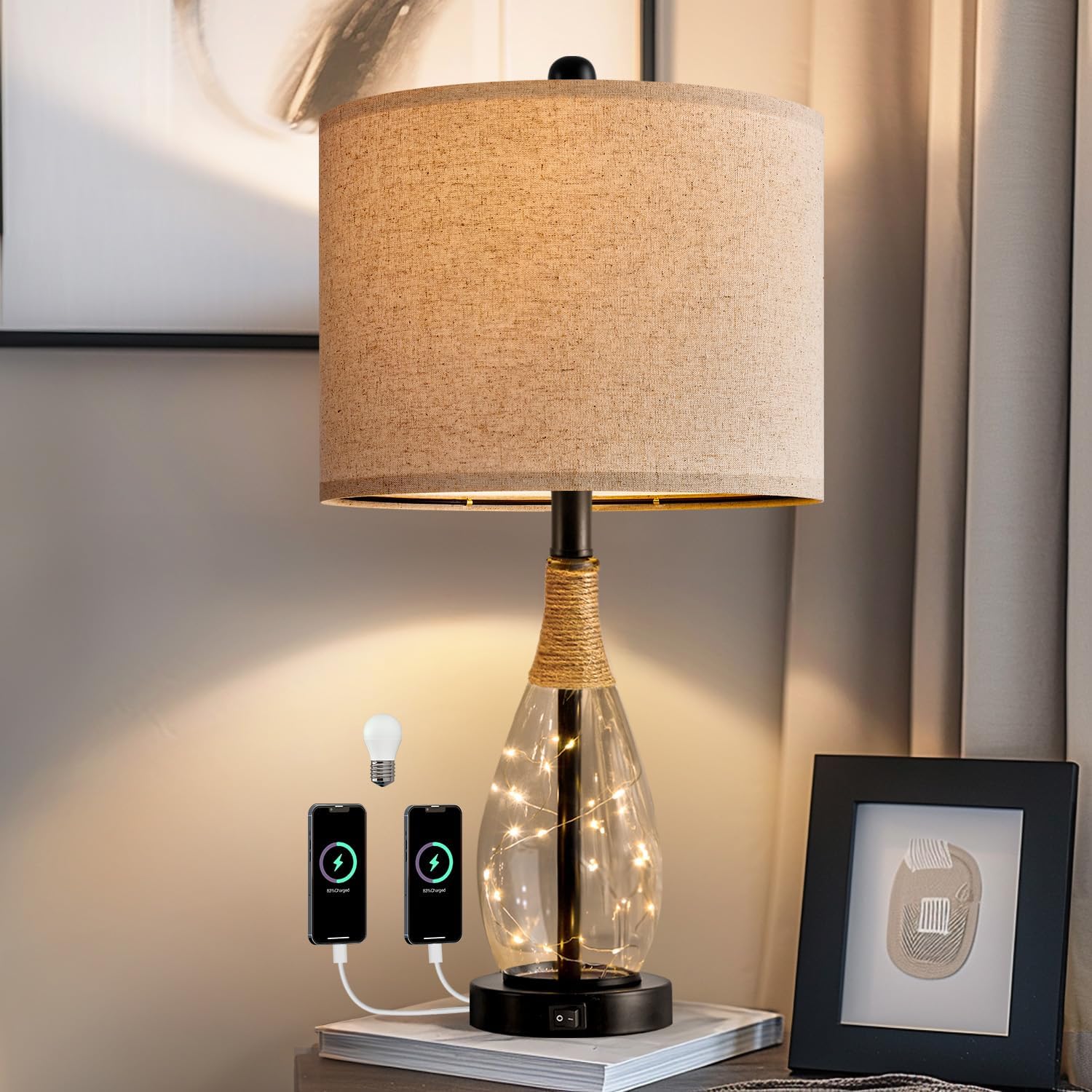 USB Boho Black Bedside Lamp — Set of 2 — Black