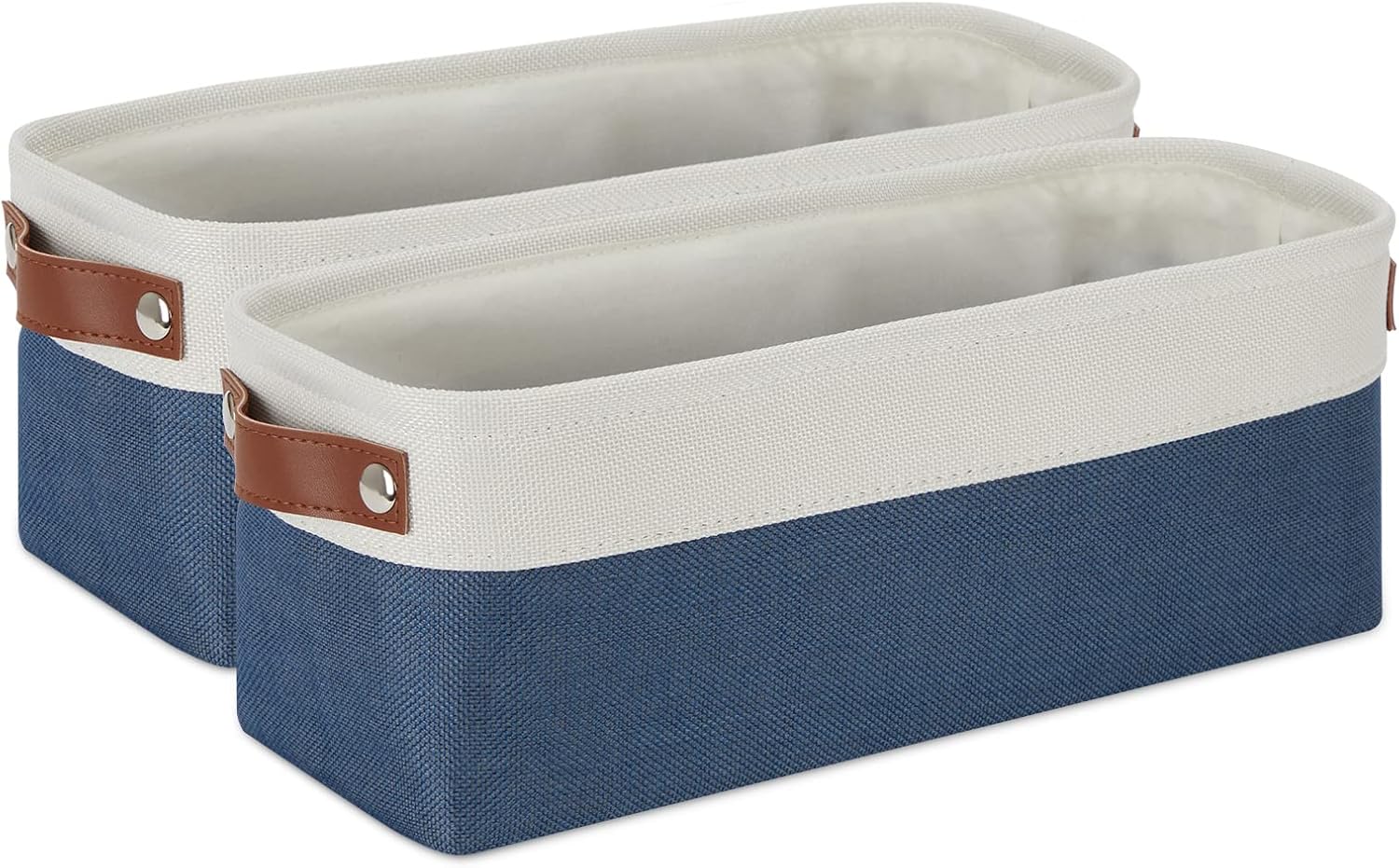 Beige Storage Basket — 17" — White&Blue-Leather Handles