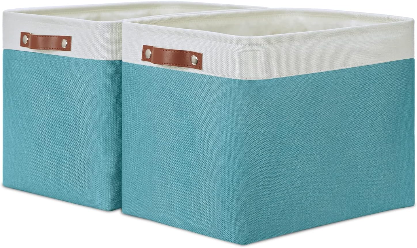 Beige Storage Basket — 17" — White&Teal-Leather Handles