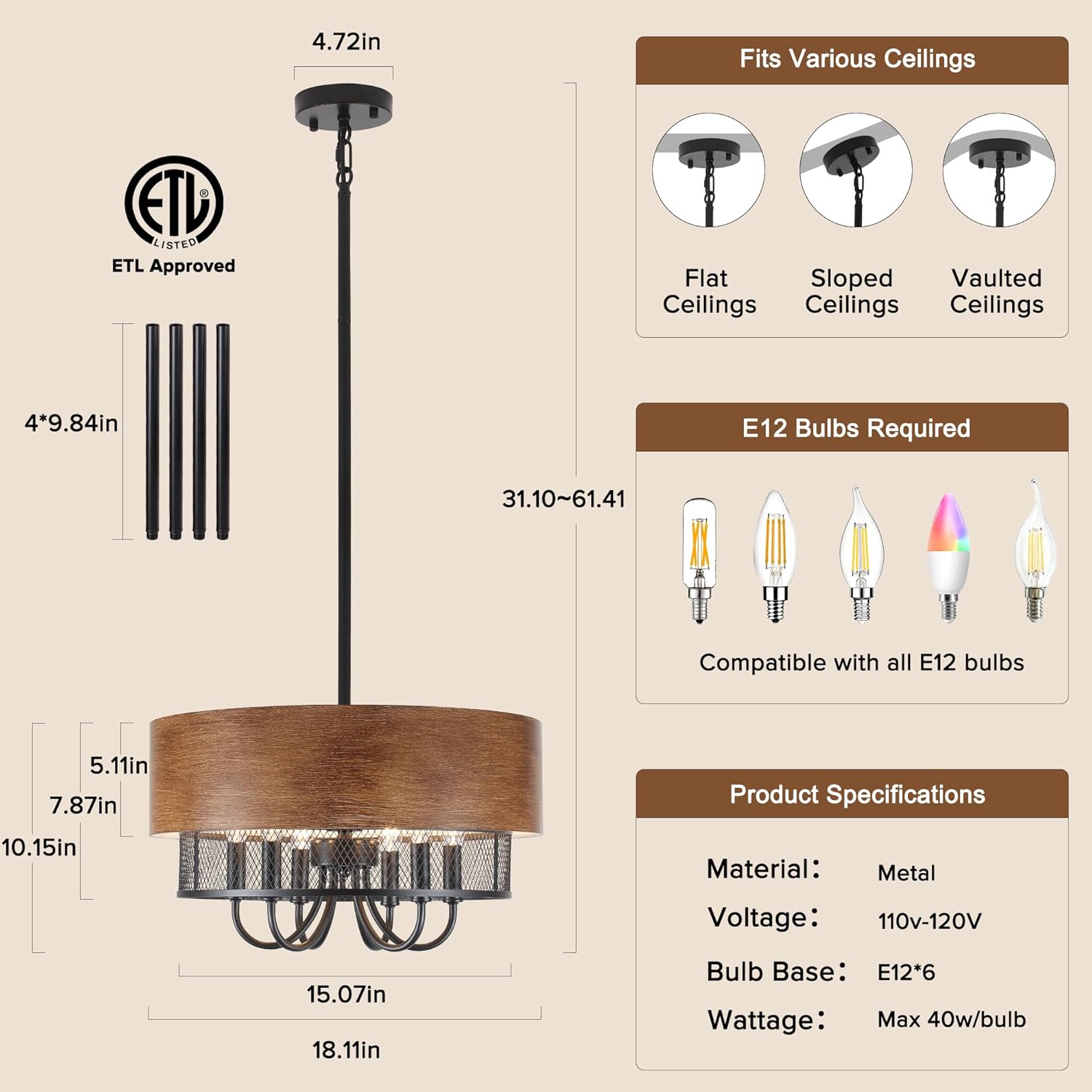 Round Farmhouse Black Chandelier — 6-Light - View 4