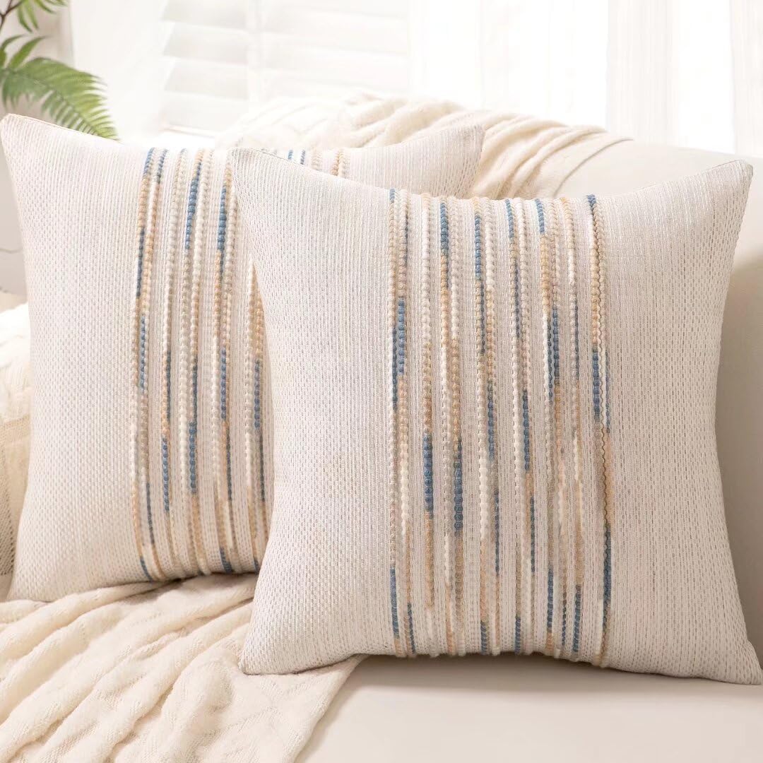 Chenille Boho Black Throw Pillow Cover — 18" — Yellow-blue Stripe