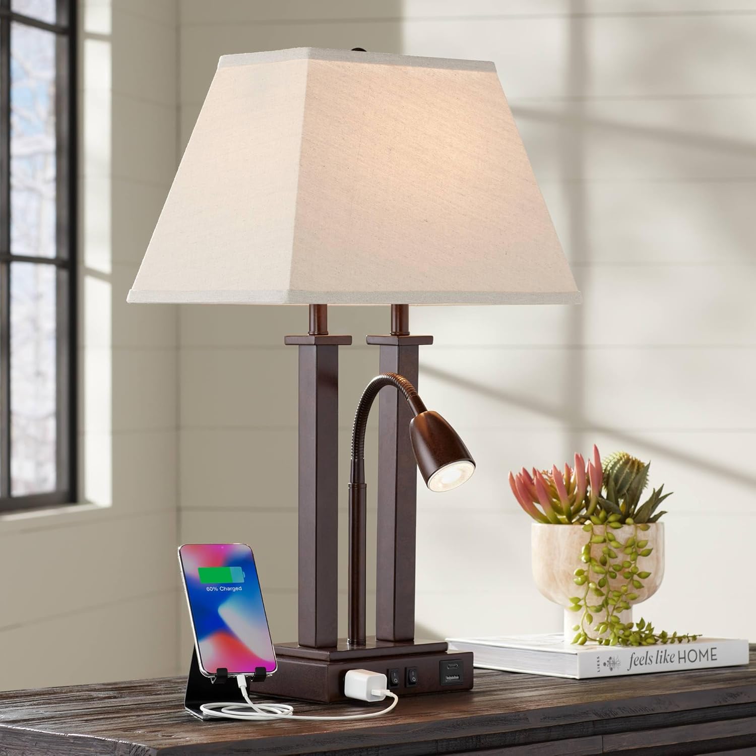 USB Luxe Black Table Lamp — 26" — Bronze