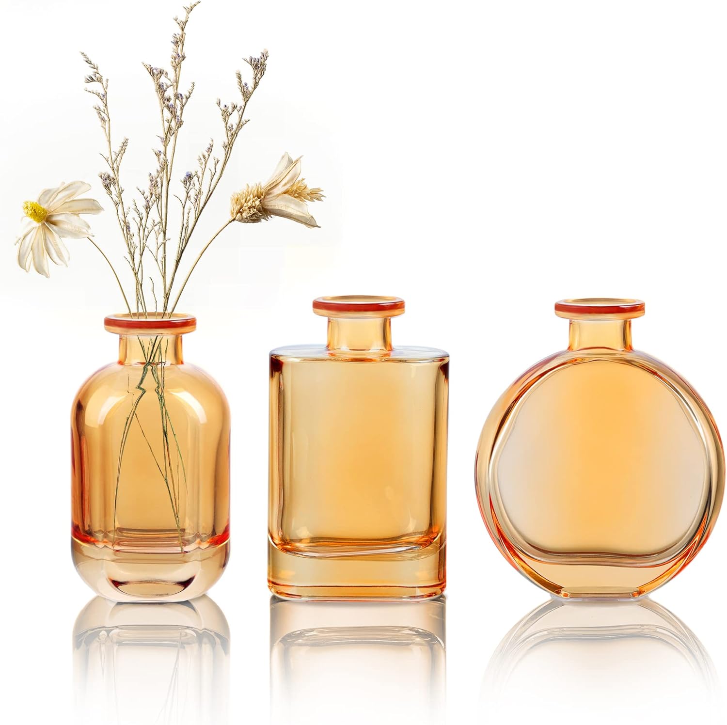 Farmhouse Green Decorative Vase — Set of 3 — Amber Glass Bud Vase Set of 3