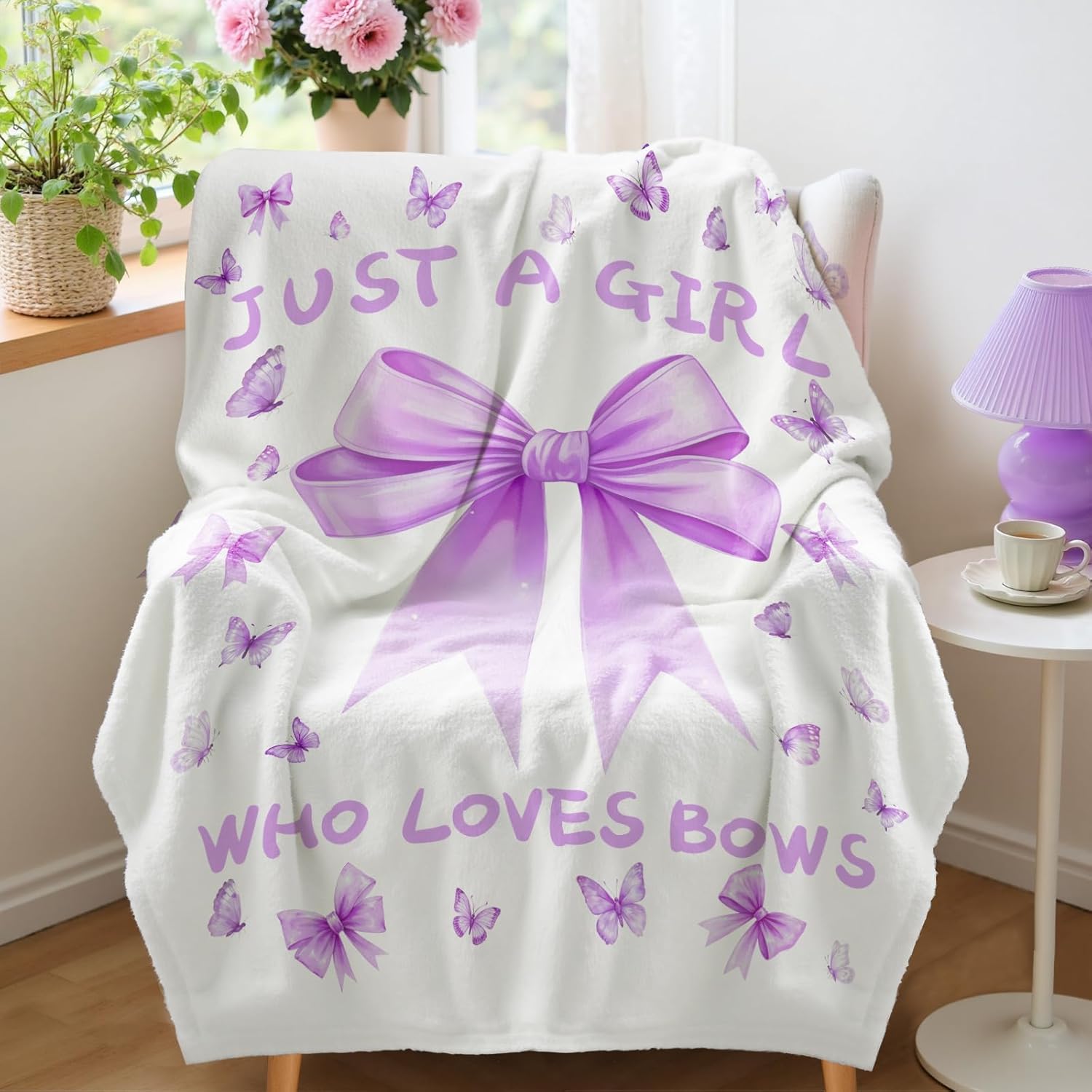 Beige Throw Pillow — 50" — Purple Bow