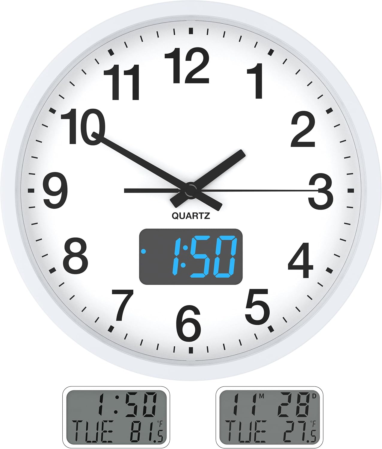 Adjustable Black Wall Clock — 12" — White Case-blue Led