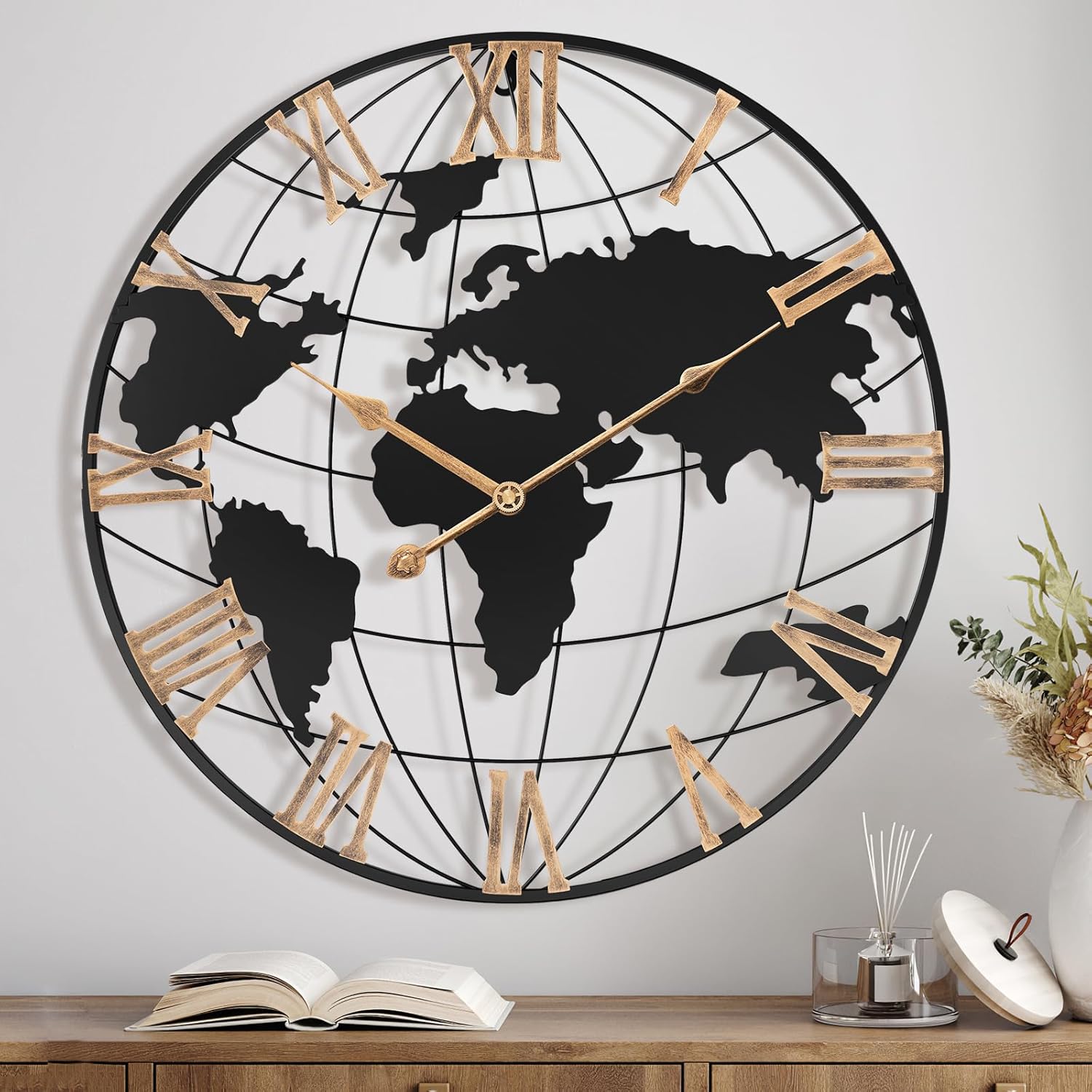 Vintage Luxe Black Wall Clock — 24" — Gold Roman