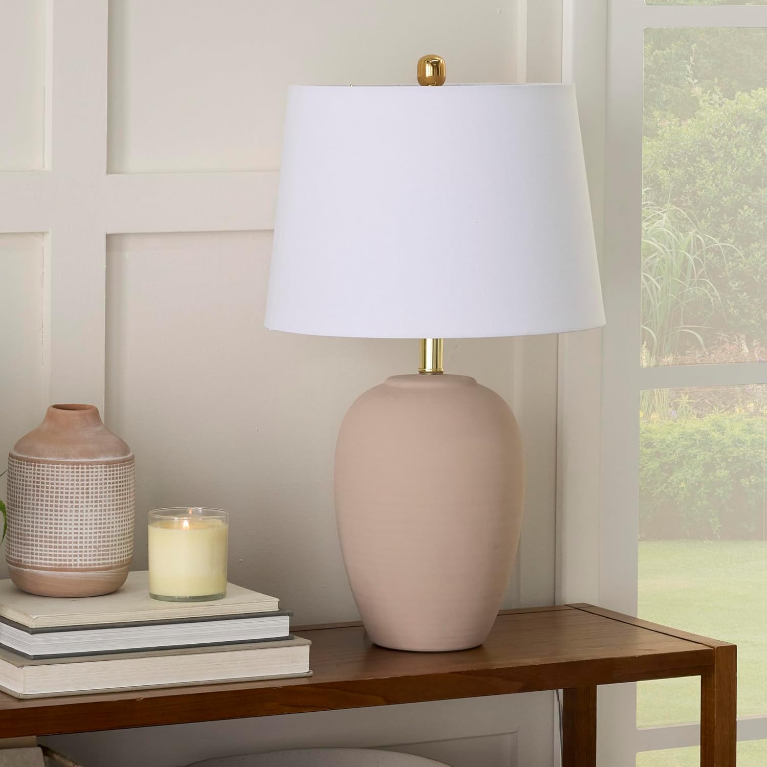 Vintage Farmhouse Beige Table Lamp — 23" — 1 Lamp - Drum Shade