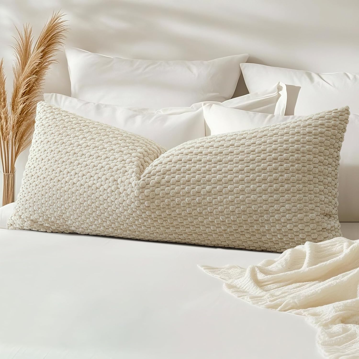 Lumbar Boho Beige Throw Pillow Cover — 24" — Beige