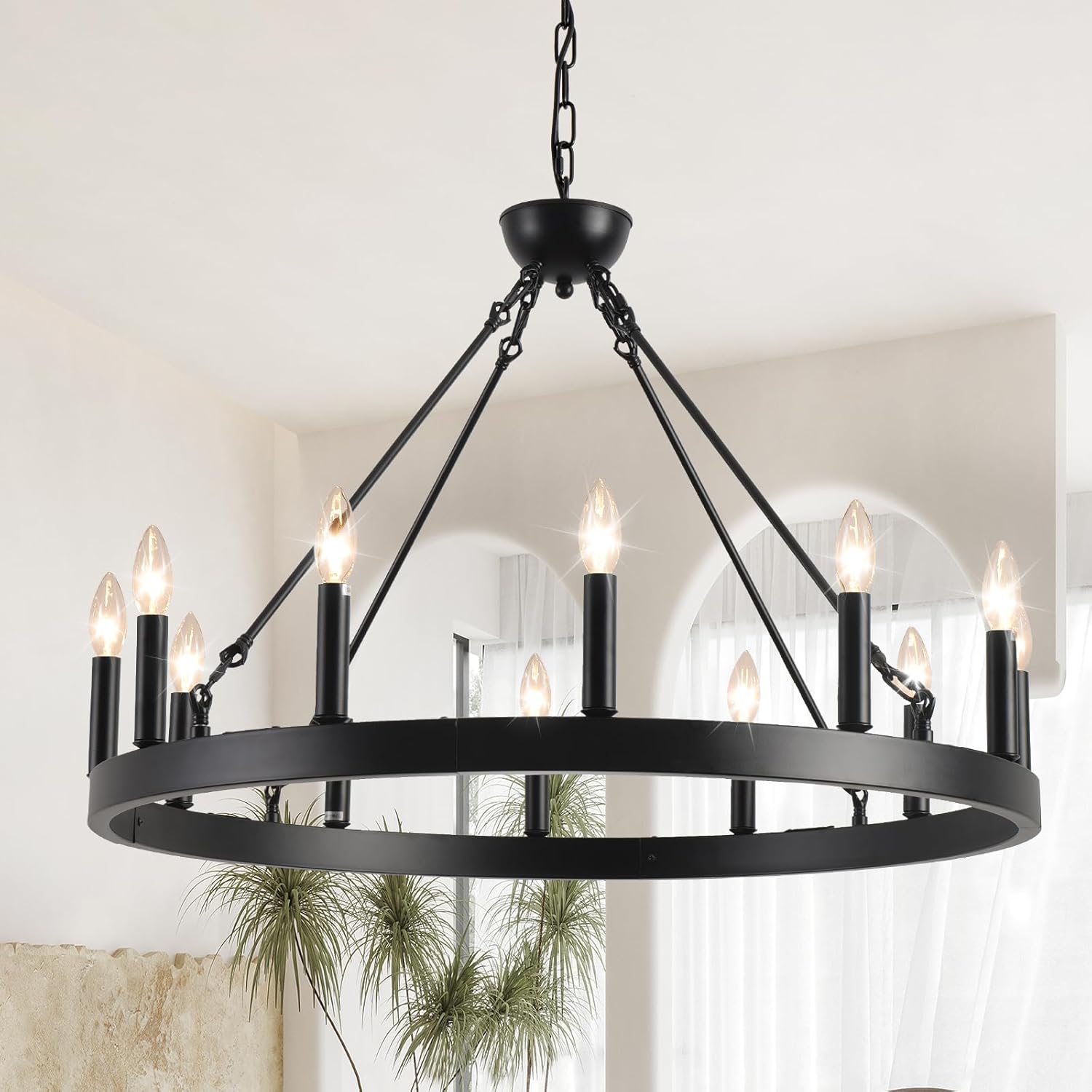 Round Farmhouse Black Chandelier — 12-Light — Black