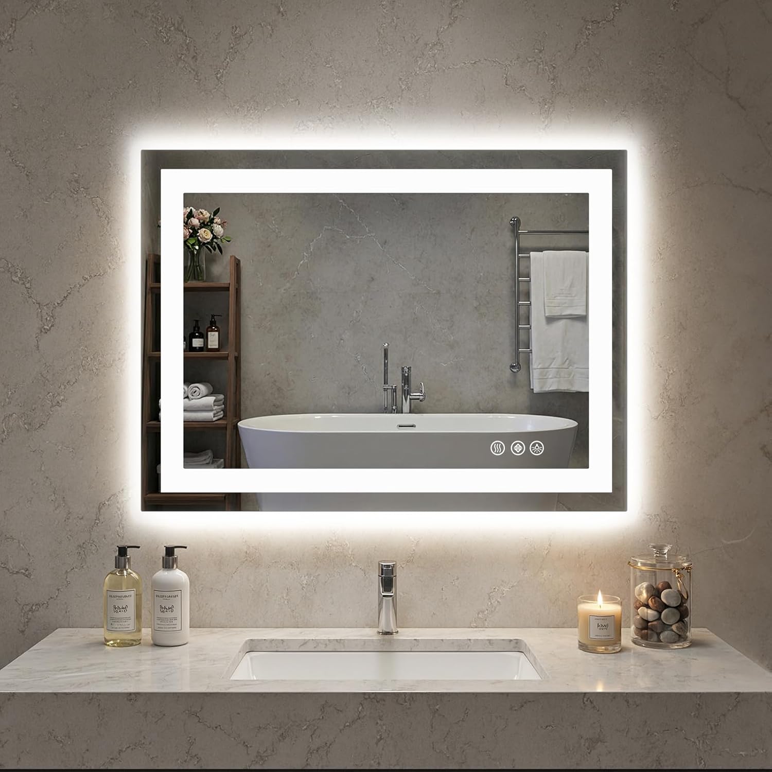 Round Luxe Black Wall Mirror — 20.2" — Led-white Rect