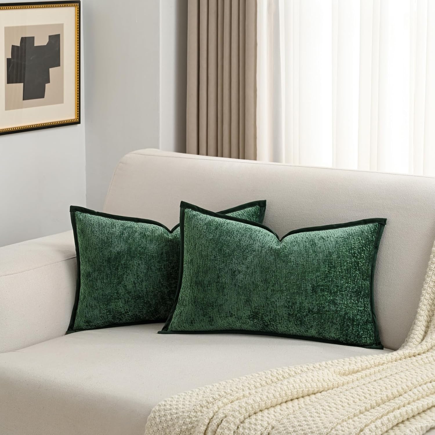 Chenille Beige Throw Pillow Cover — 20" — Dark Green