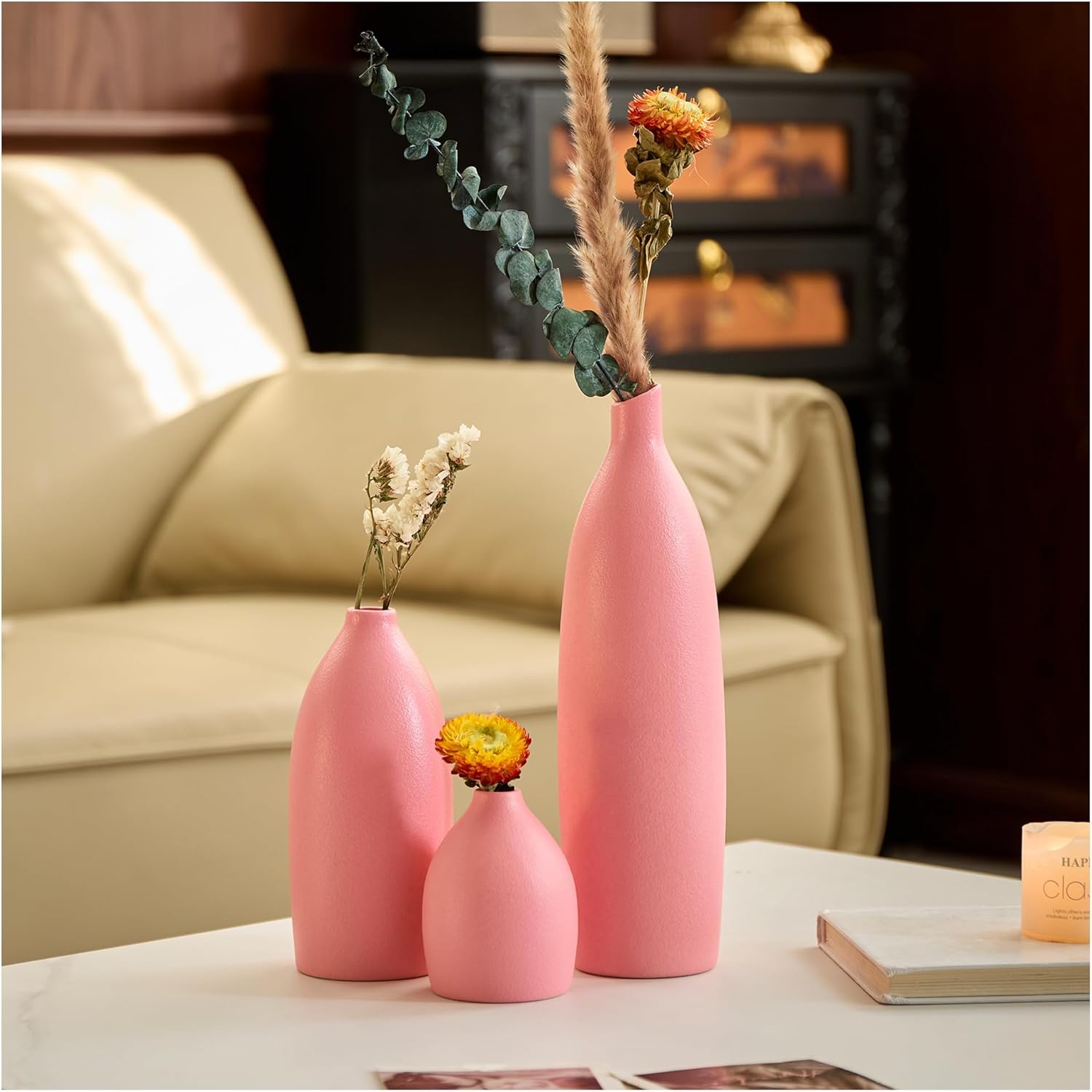 Modern Beige Flower Vase — Set of 3 — Pink
