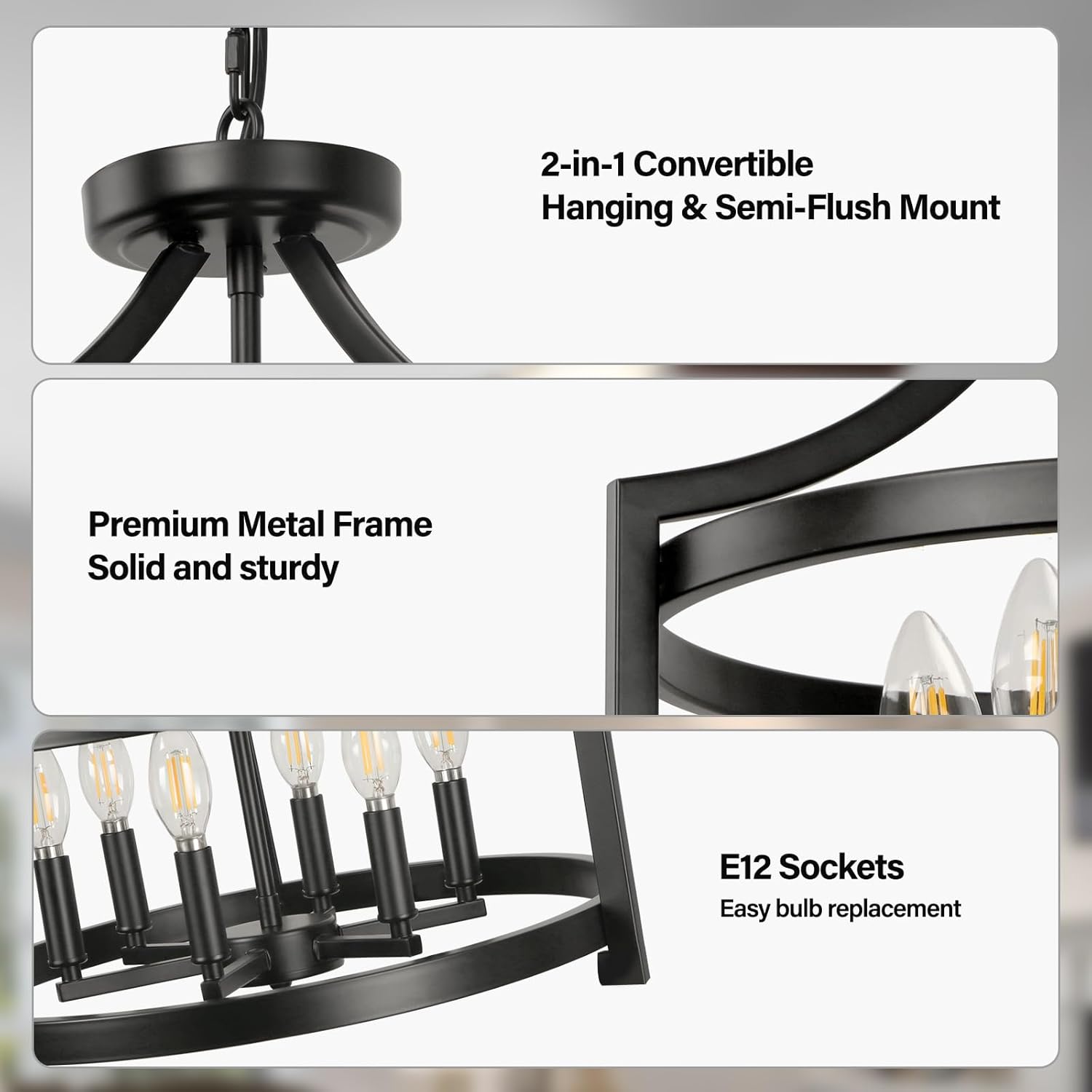 Convertible Farmhouse Black Chandelier — 6-Light - View 3