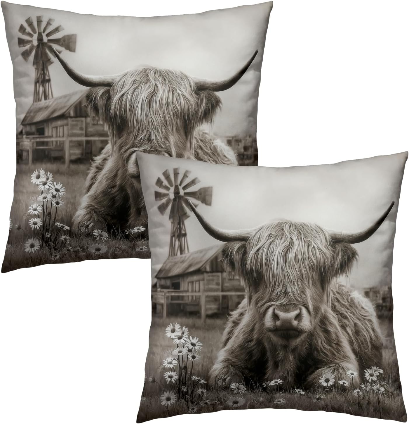 Vintage Boho Black Pillow Cover — 16" — Highland Cow