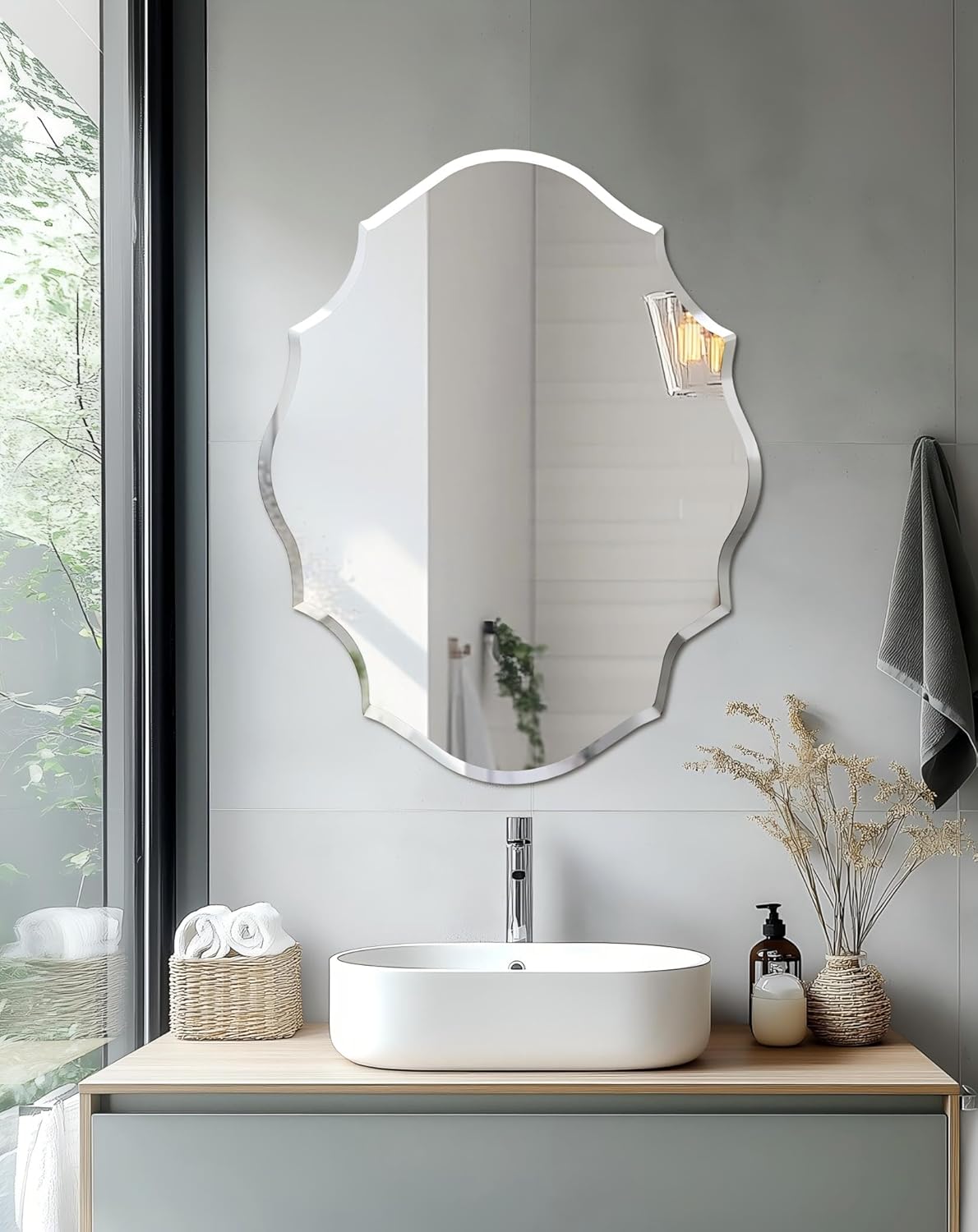 Beveled Beige Wall Mirror — 32" — Silver-scallop Oval