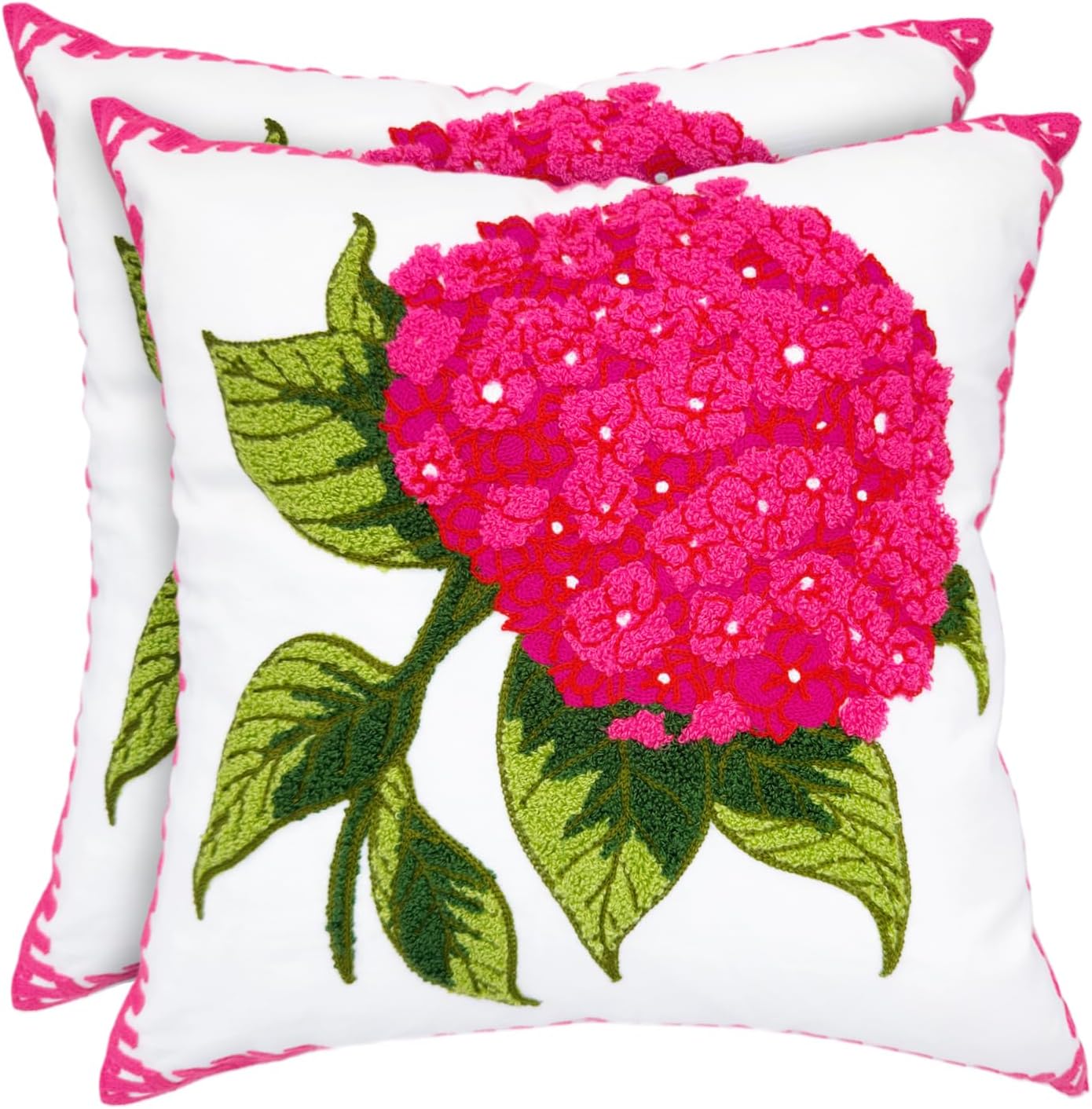 Embroidered Boho Blue Throw Pillow Cover — 18" — Hydrangea Hot Pink