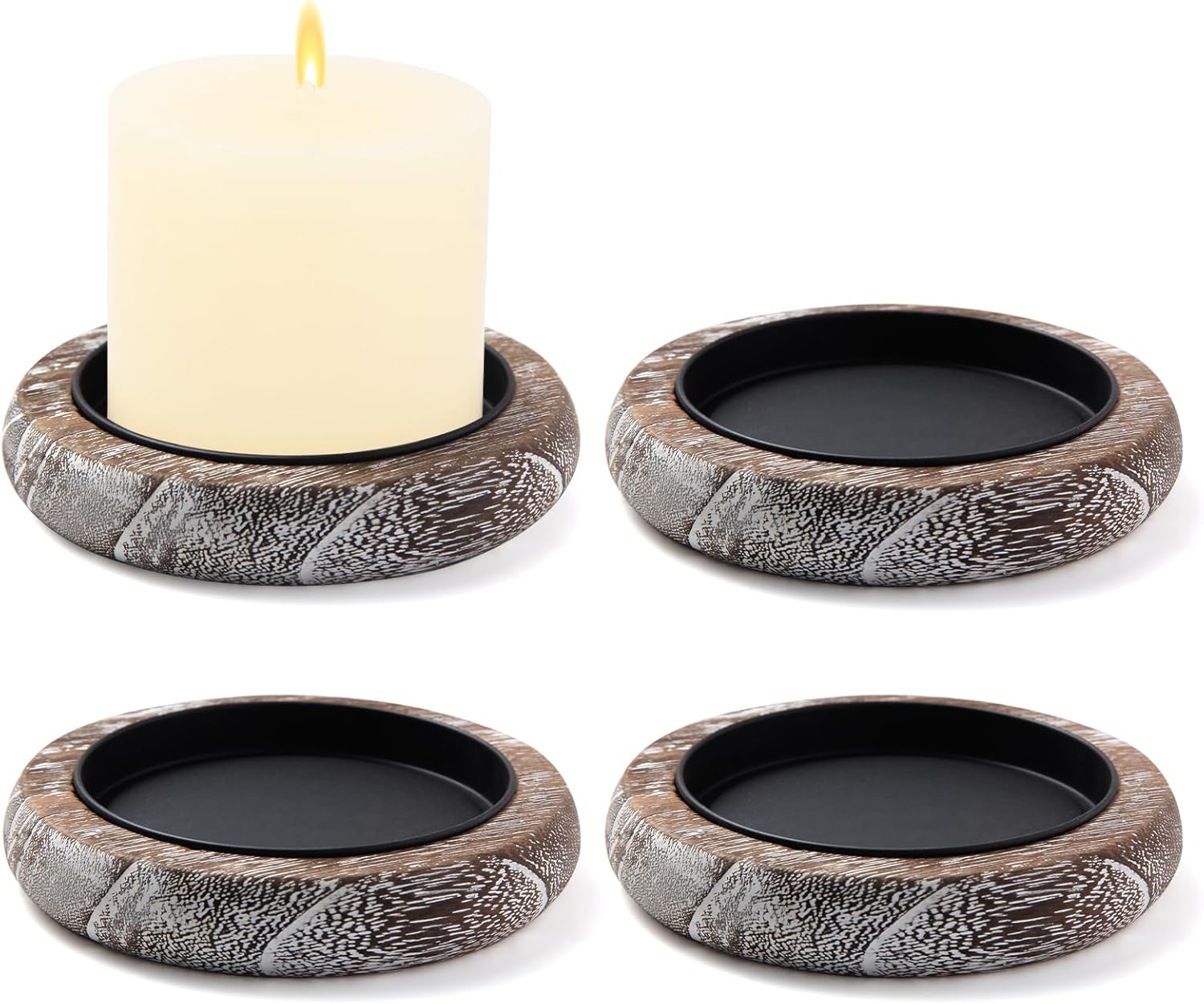 Round Farmhouse Brown Pillar Candle — White Stripes*4