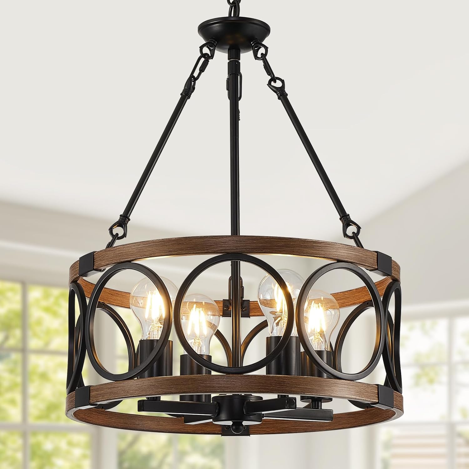 Farmhouse Black Chandelier — 6-Light — Walnut Wood Grain-16"(Easy to Install)