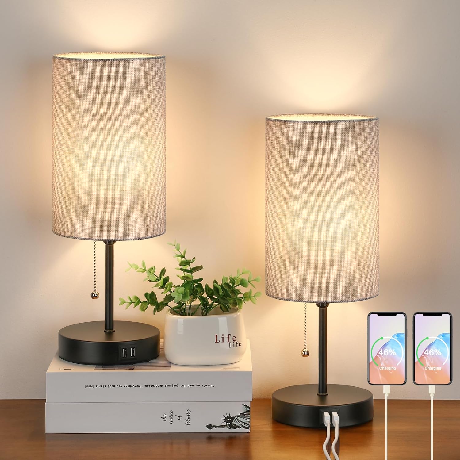 USB Modern Beige Desk Lamp — Set of 2 — Gray